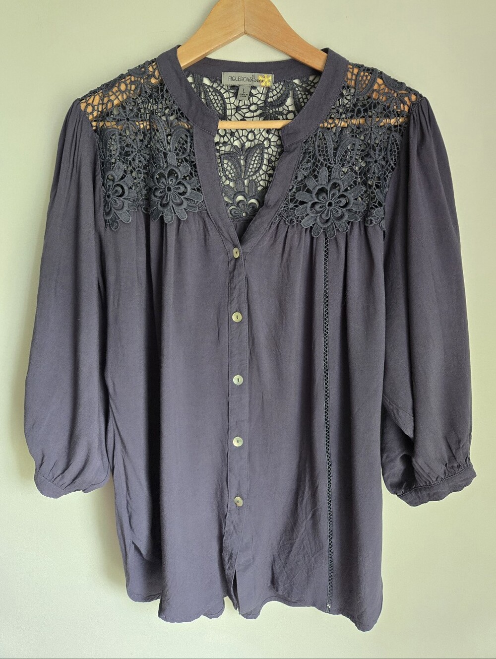 Lace Yoke Button-Down Top — Charcoal